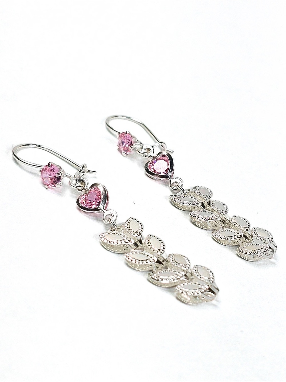 925 Sterling Silver Pink Crystal Heart Floral Dangle Earrings 46mm - Picture 6 of 8